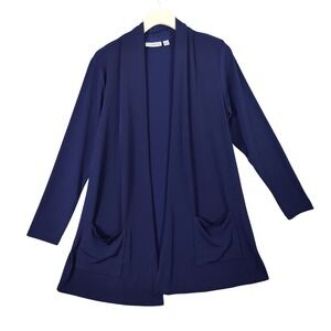 Susan Graver Womens Navy Open Front Cardigan Sweater Pockets Long Sleeve Small